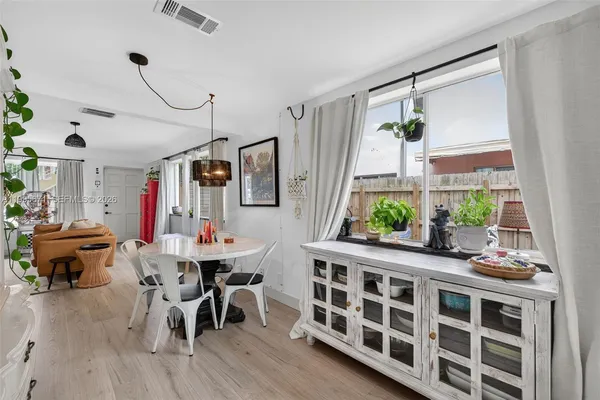 a view of a dining room with furniture window and wooden floor