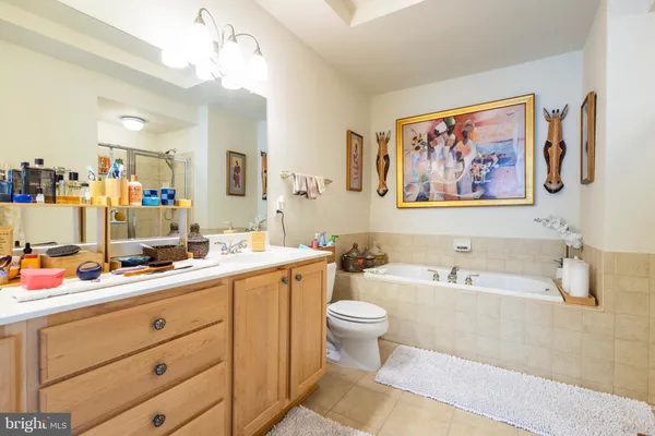 a bathroom with a double vanity sink mirror and bathtub