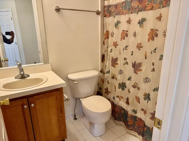 a bathroom with a sink a toilet and shower curtain