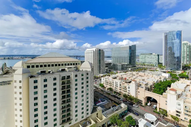 a view of a city with tall buildings