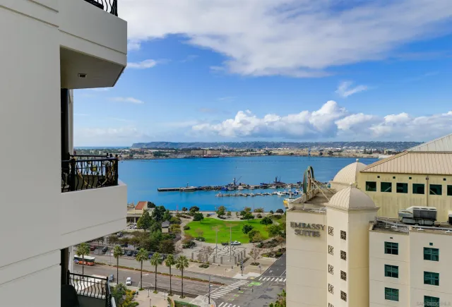 a view of a city with an ocean view