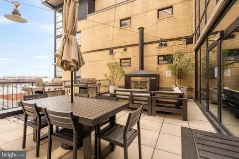 an outdoor space with seating