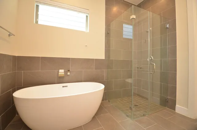 a bathroom with a bathtub