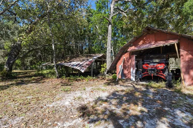 a view of a yard with large trees