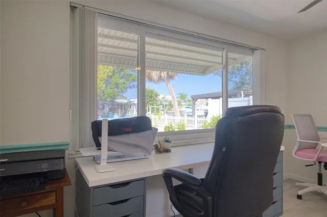 a view of a dining room with furniture