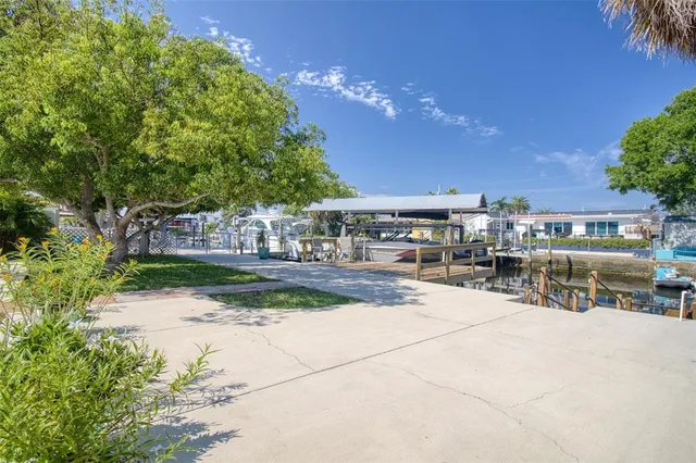 a view of a garden with a fountain
