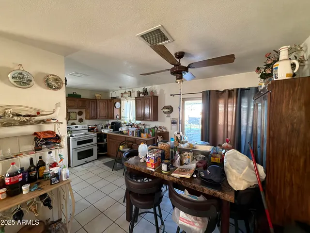 a view of a dining room with furniture