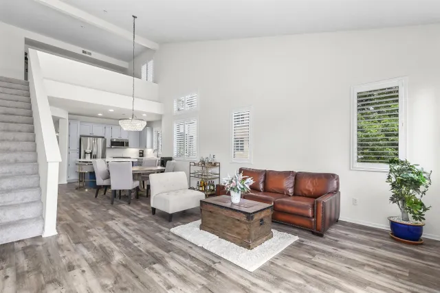 a living room with furniture and a potted plant