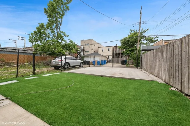 a garden view with a seating space