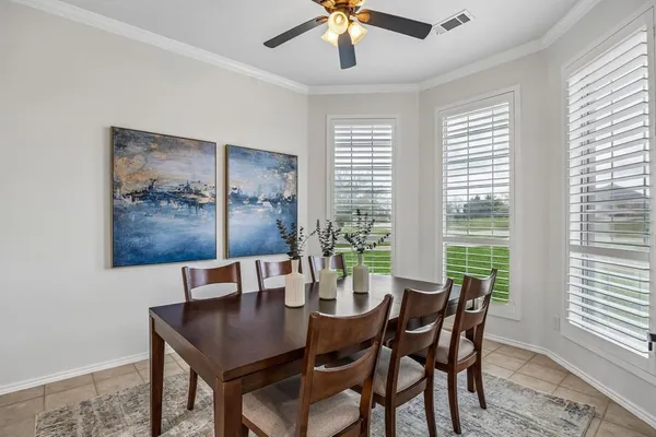 a view of a dining room with furniture window and outside view