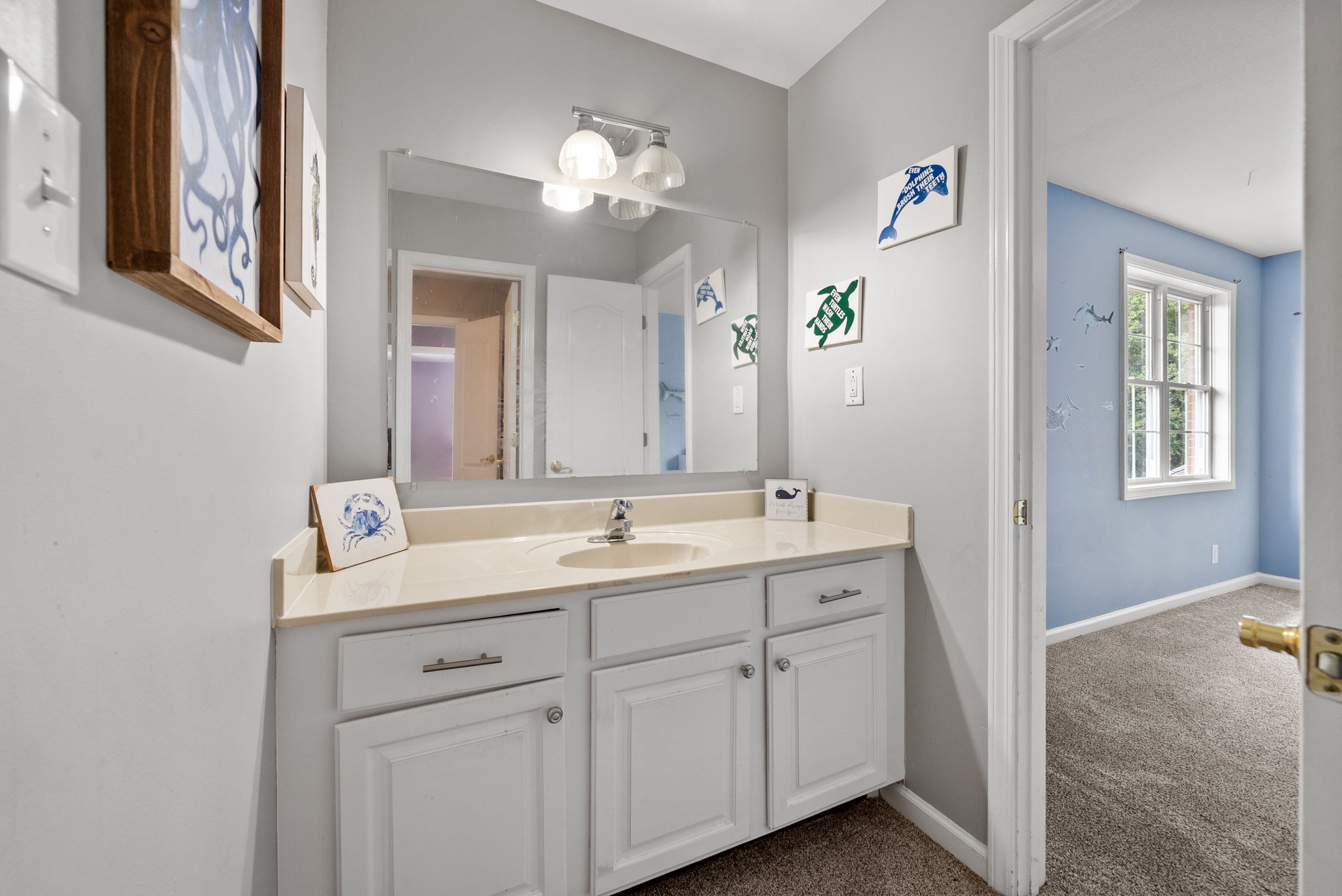 3723 Reed Road Indian Mound, TN 37079 - Photo 32 of 47 a bathroom with a double vanity sink and a mirror