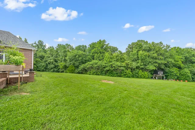 a view of a big yard with a table and chairs