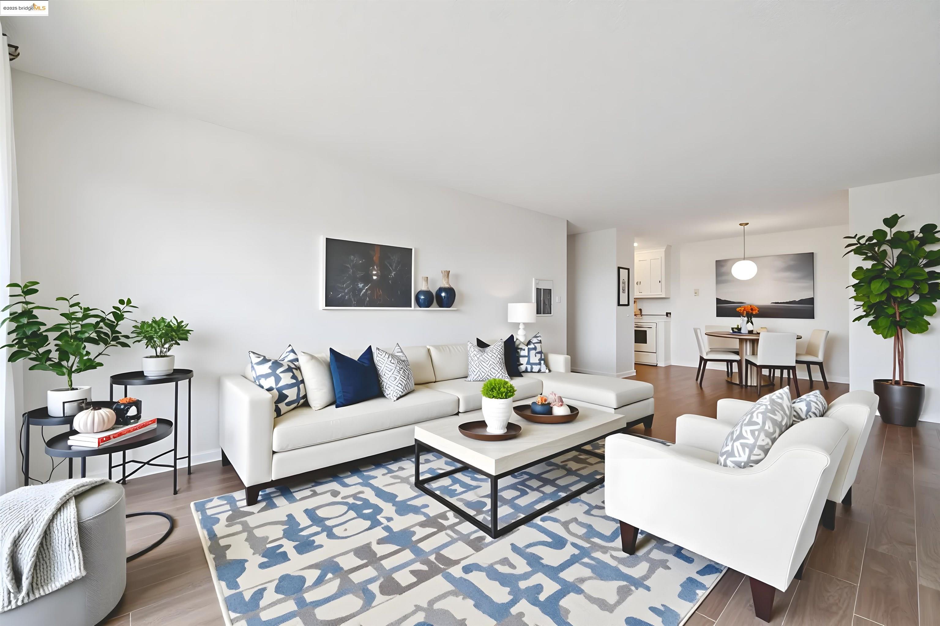 a living room with furniture a rug and a potted plant