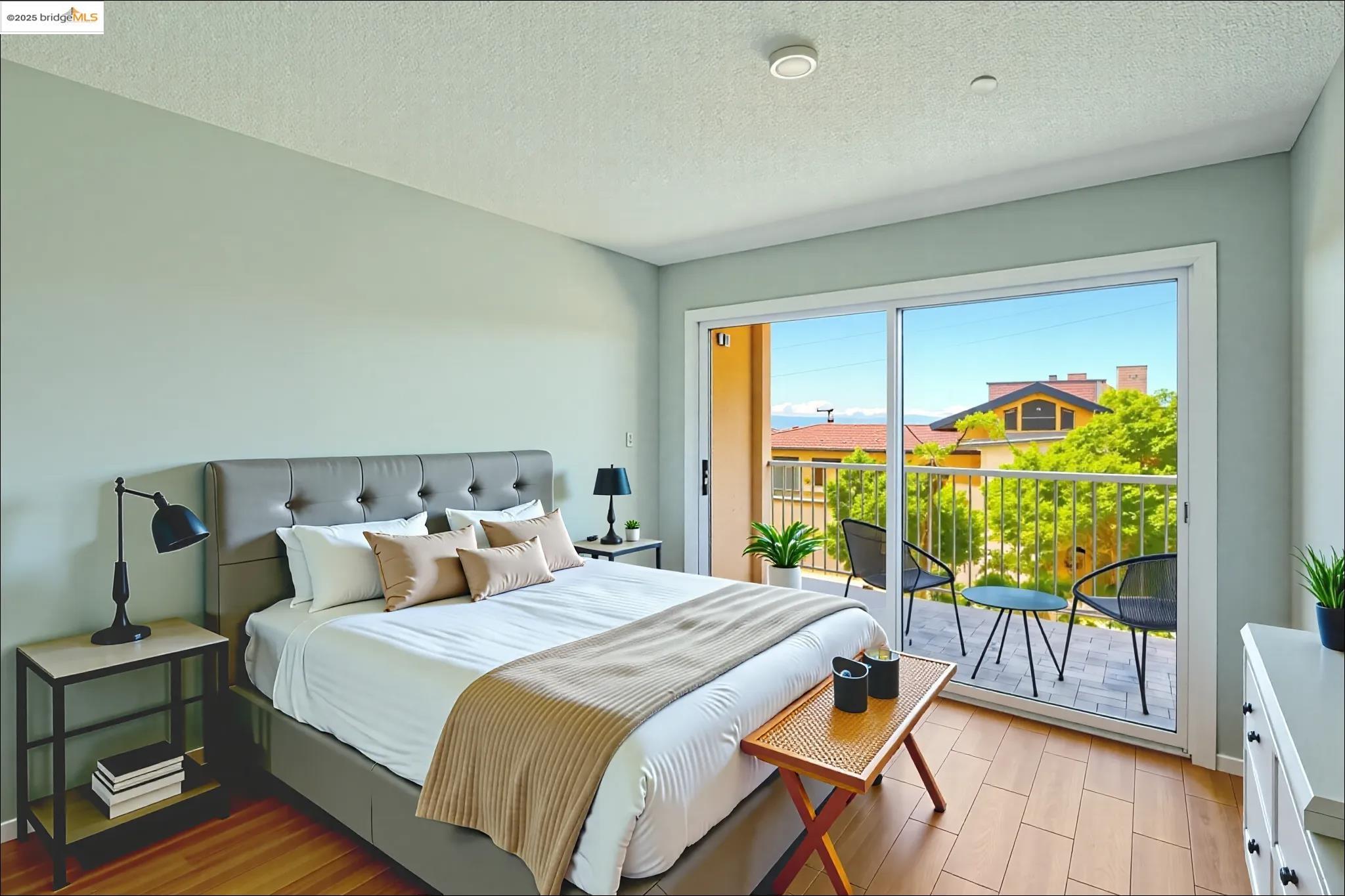 2 Panoramic Way, Unit 105 Berkeley, CA 94704 - Photo 13 of 20 a bedroom with a bed and a balcony view