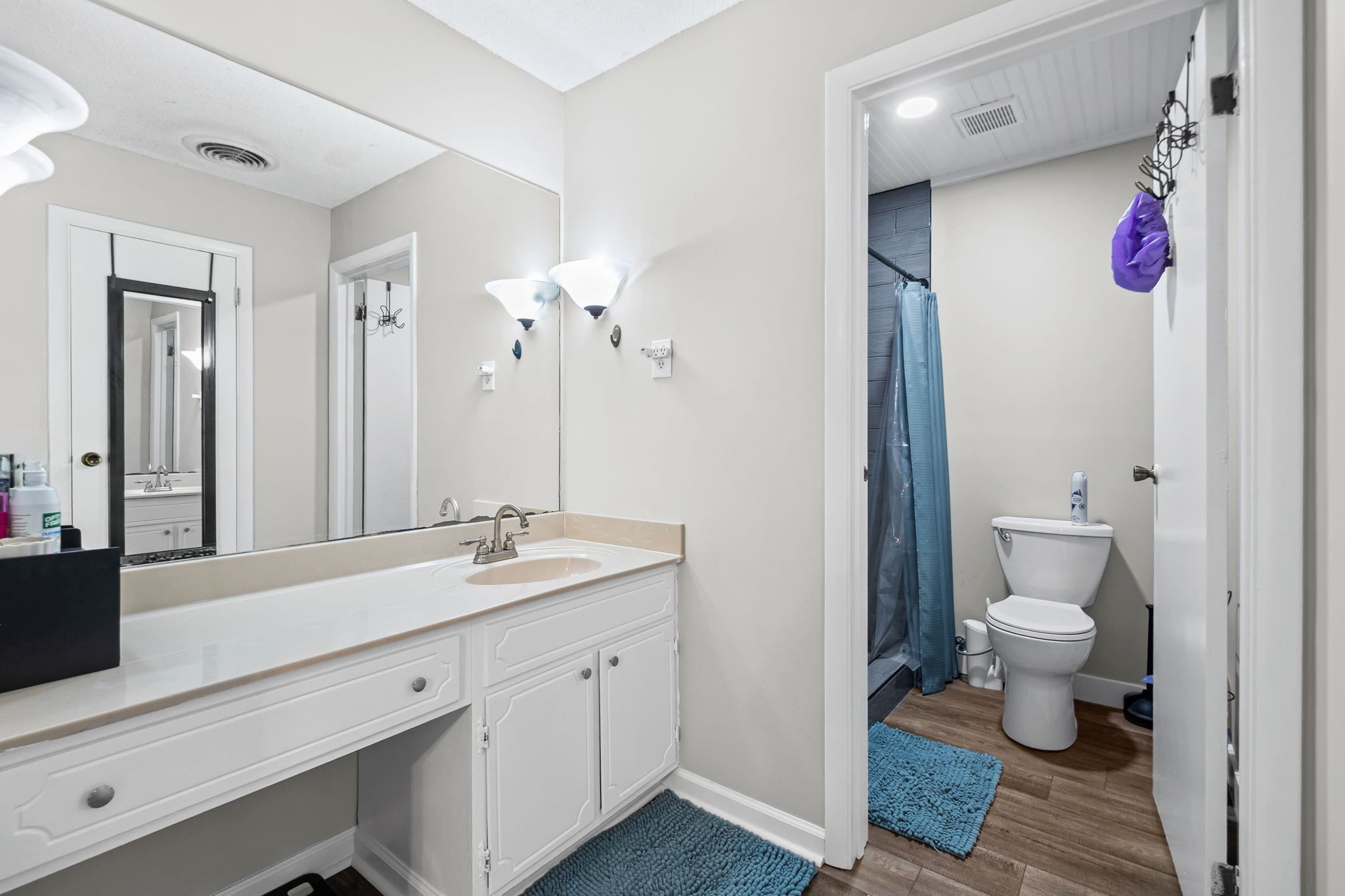 58 Hayes Road Munford, TN 38058 - Photo 27 of 40 Bathroom with a shower stall, vanity, and dark wood-style floors