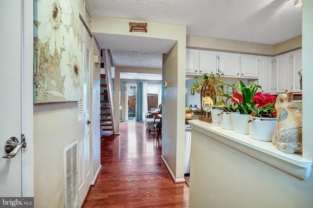 a hallway with beautiful frames and flower vase