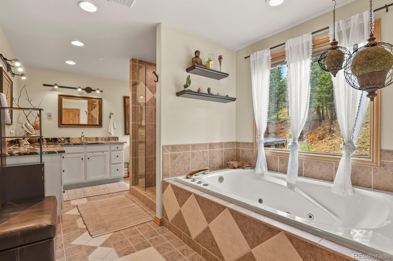 417 Witter Gulch Road Evergreen, CO 80439 - Photo 31 of 50 a bathroom with a granite countertop sink and a bathtub