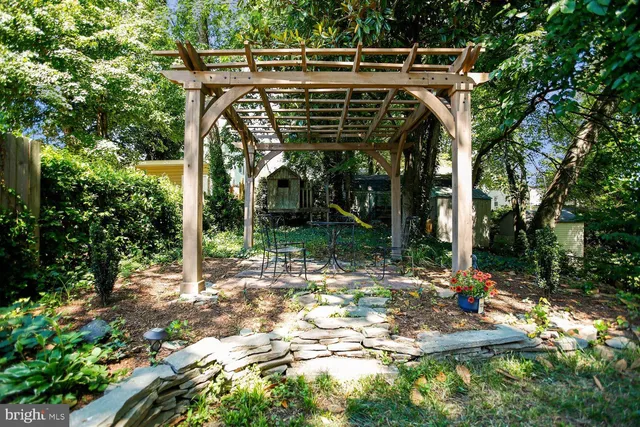 a backyard of a house with table and chairs