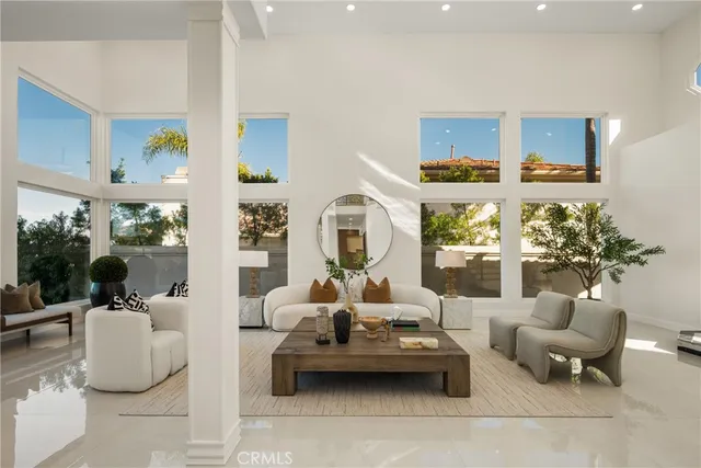 a living room with furniture potted plant and a large mirror