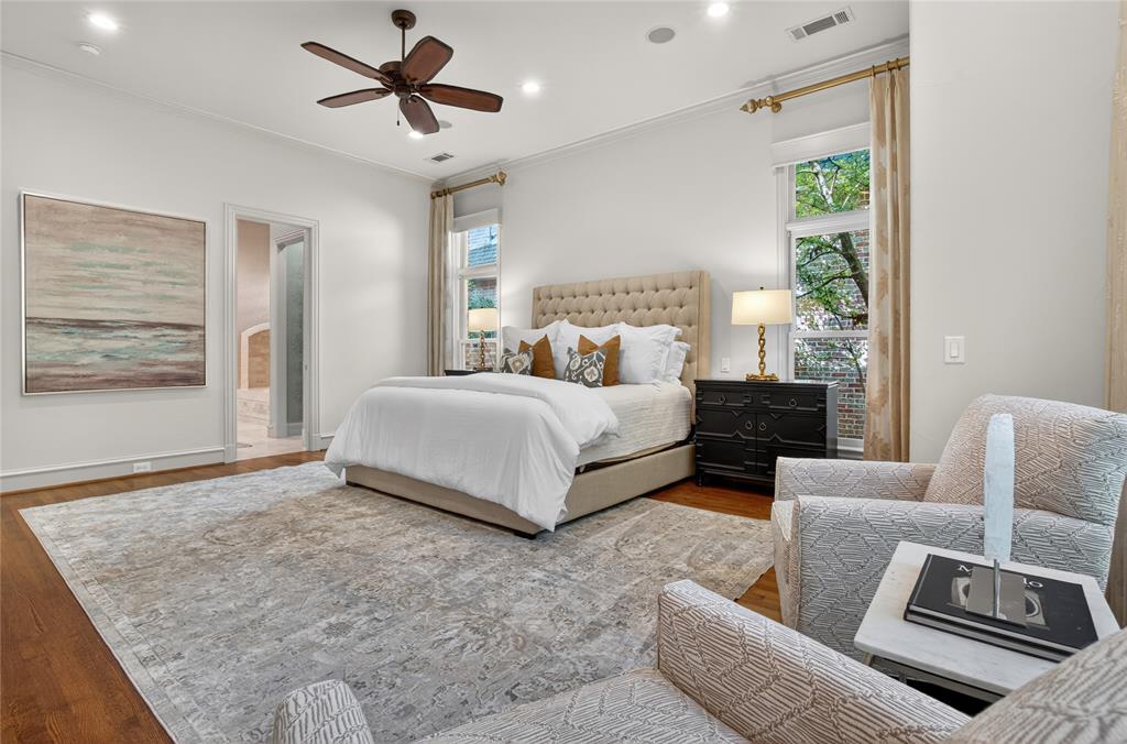 11836 Preston Brook Place Dallas, TX 75230 - Photo 20 of 40 Bedroom featuring ornamental molding, wood finished floors, multiple windows, recessed lighting, and a ceiling fan