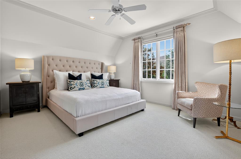 11836 Preston Brook Place Dallas, TX 75230 - Photo 23 of 40 Bedroom with ornamental molding, carpet floors, ceiling fan, recessed lighting, and vaulted ceiling