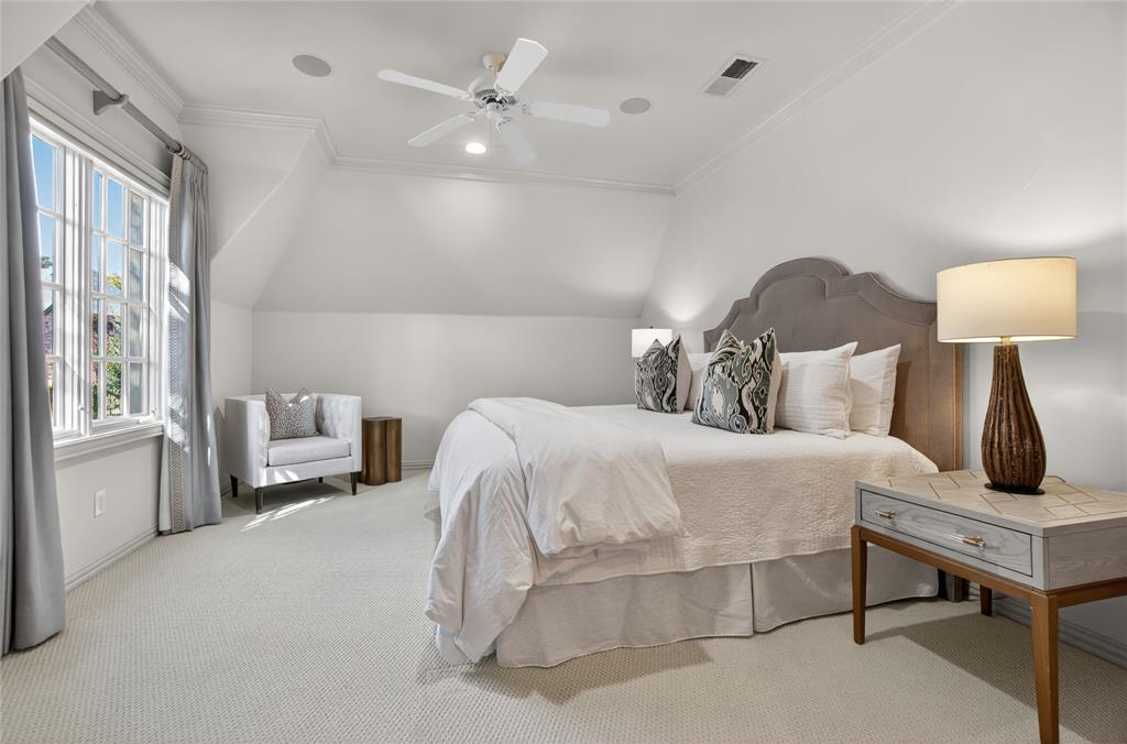 11836 Preston Brook Place Dallas, TX 75230 - Photo 25 of 40 Bedroom with carpet, ornamental molding, a ceiling fan, and lofted ceiling