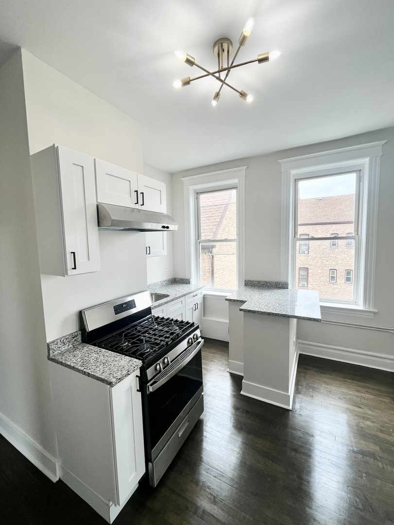 2512 South Trumbull Avenue, Unit 3R Chicago, IL 60623 - Photo 8 of 13 a kitchen with granite countertop a stove a sink and white cabinets with wooden floor