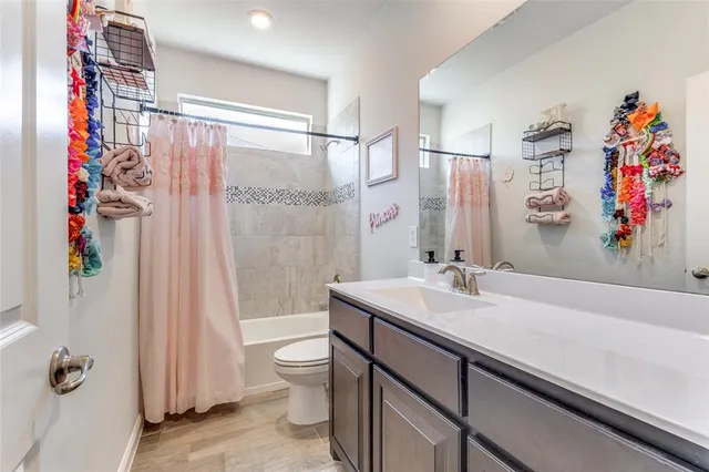 a bathroom with a sink a toilet and shower curtain