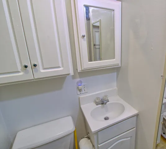 a bathroom with a sink a toilet and a mirror