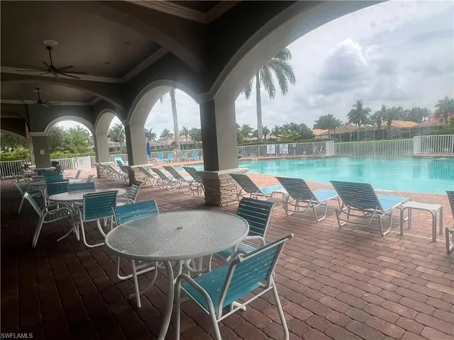 an outdoor space with seating area