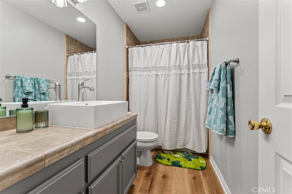 60205 Latham Trail Joshua Tree, CA 92252 - Photo 18 of 38 a bathroom with a sink a toilet and shower curtain