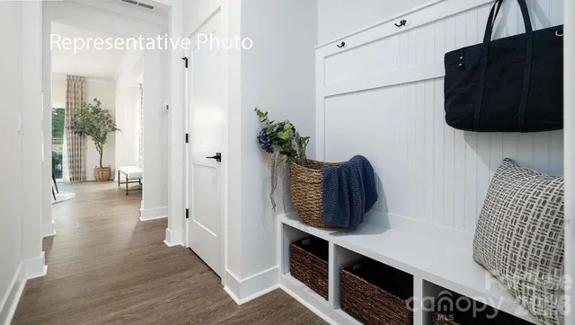 a hallway with a wooden floor a rug and a potted plant