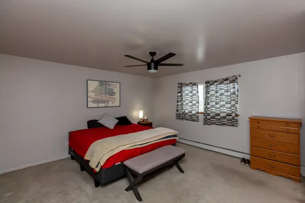 a bedroom with a bed and a dresser