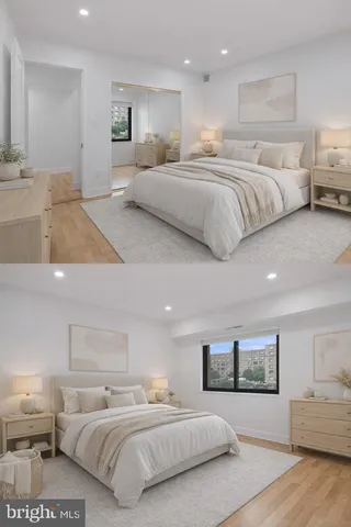 a bedroom with a large bed and a couch