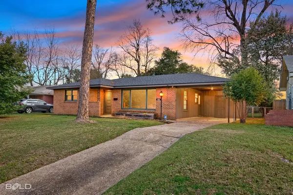 a view of a house with backyard and a tree