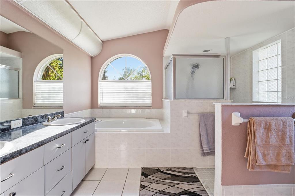 3 Ipomoea Court Homosassa, FL 34446 - Photo 22 of 46 a bathroom with a granite countertop sink a large mirror a vanity and a shower