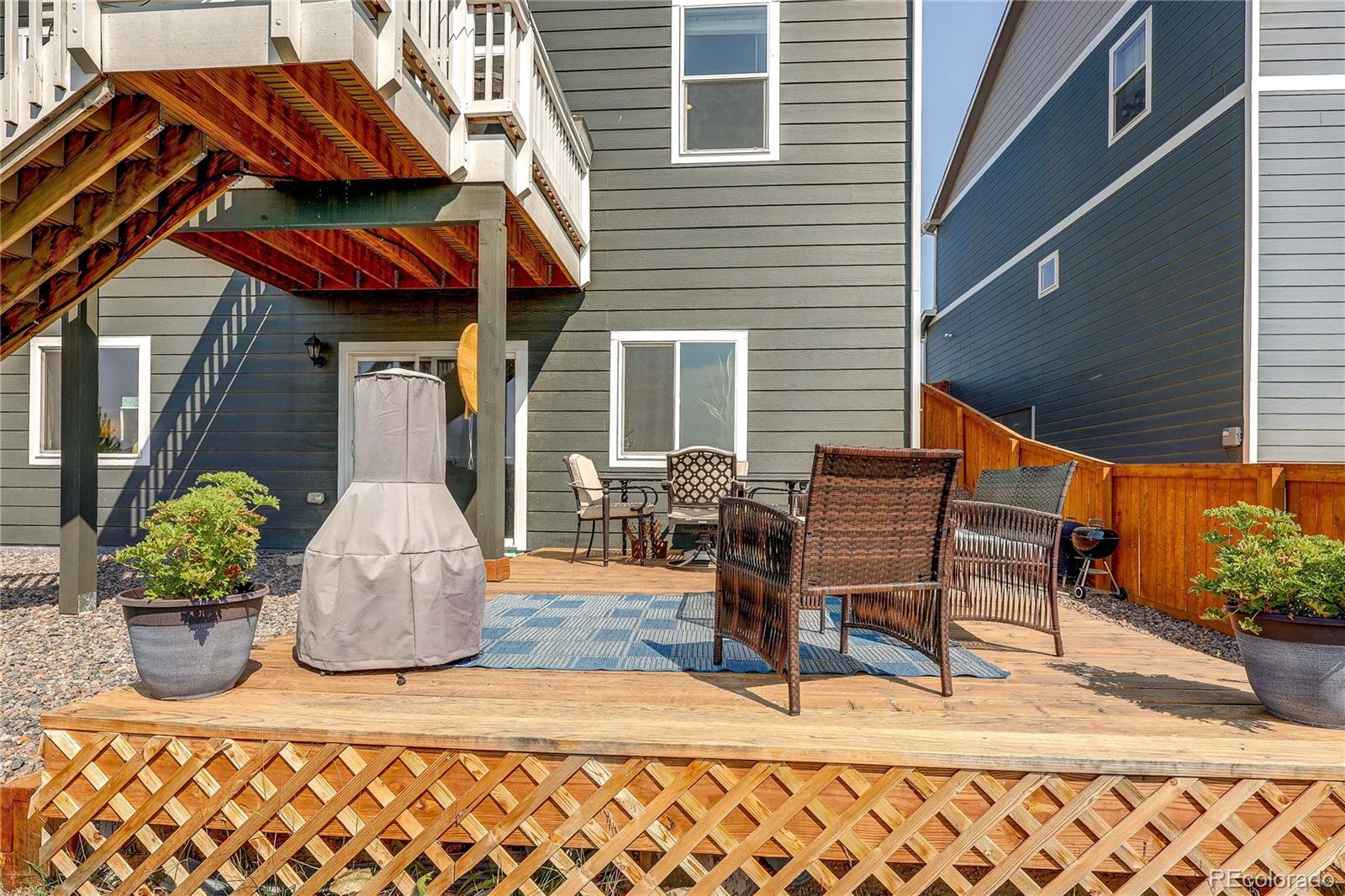 1335 Copeland Falls Road Severance, CO 80550 - Photo 40 of 48 a backyard of a house with wooden chairs and table