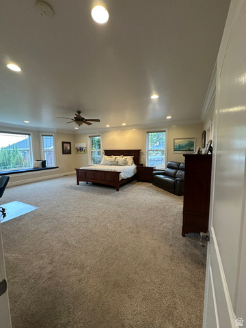 3145 South 500 West Vernal, UT 84078 - Photo 52 of 64 Bedroom featuring light colored carpet, recessed lighting, and crown molding