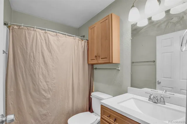 a bathroom with a sink a toilet and shower curtain