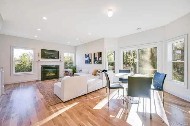 a living room with furniture a fireplace and a floor to ceiling window