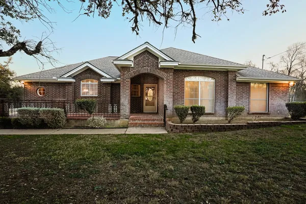 a view of a yard with plants and trees