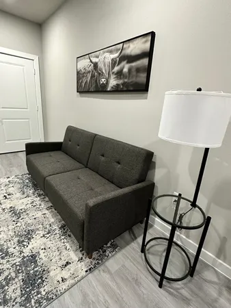 a living room with furniture and a rug