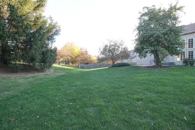 a view of green field with trees in the background