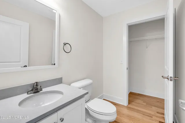 a bathroom with a sink toilet vanity and mirror