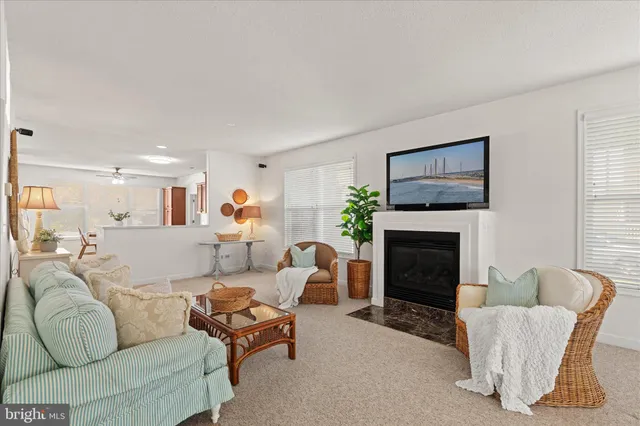 a living room with furniture a fireplace and a large mirror
