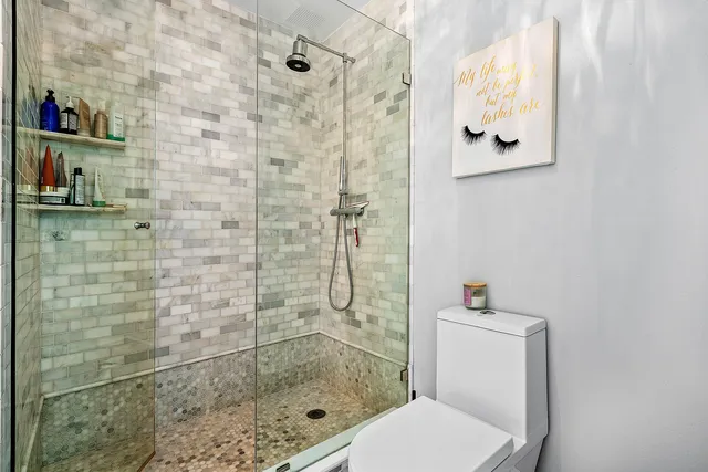 a bathroom with a toilet and a shower