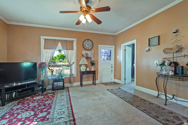 178 17th Street Ogden, UT 84404 - Photo 9 of 29 Carpeted living area featuring a ceiling fan with light fixture, crown molding, and two windows with natural light