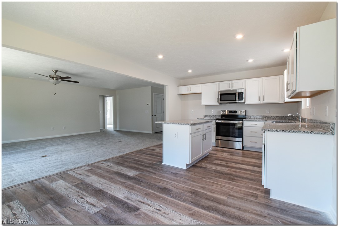 7701 Webster Road Middleburg Heights, OH 44130 - Photo 15 of 29 Kitchen with ceiling fan, sink, white cabinets, stainless steel appliances, and dark colored carpet