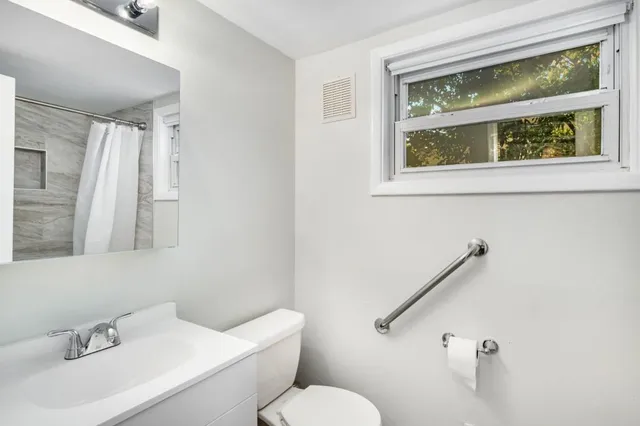 a bathroom with a sink mirror and toilet