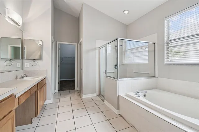 a bathroom with a tub a sink and a large mirror